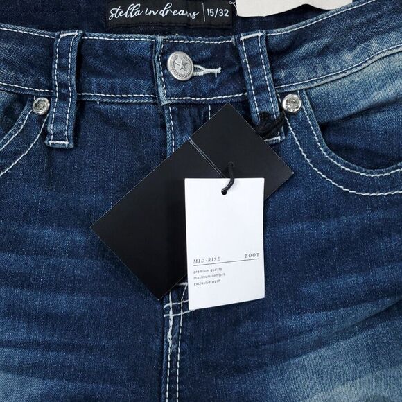 Stella in Dreams Mid Rise Boot Jeans Bootcut Sequin Bull Oxen Size 15 32 Blue - Picture 5 of 11